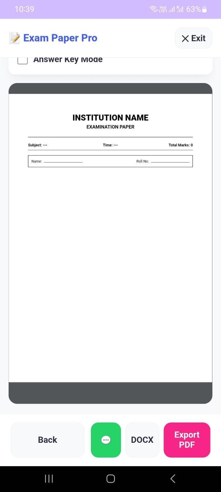 ExamPaperPro App Interface showing an exam paper being created